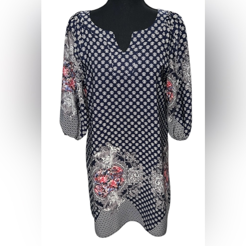 West Kei Dress Small Navy Multi Color Shift Knee Length ¾ Sleeve Boat Neck EUC